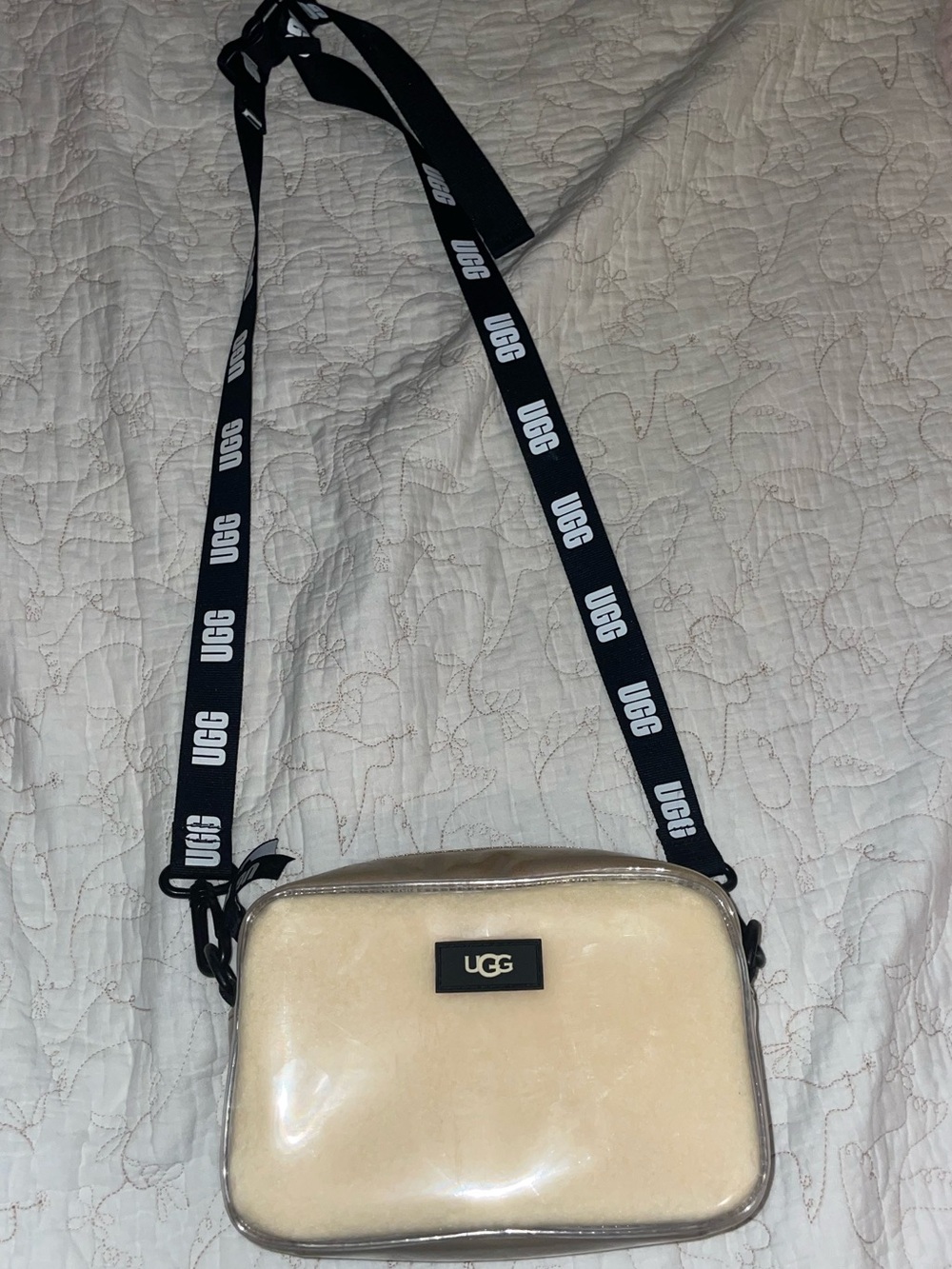 UGG Cream Faux-Shearling Crossbody with Branded Black Strap